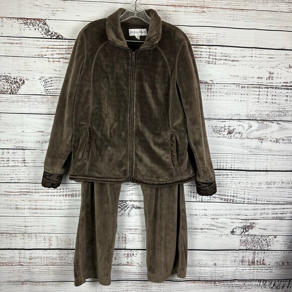 Womens VTG Pendleton 2-Piece Velour Fleece Track Sweatsuit Brown Zip Up Jacket L - Picture 1 of 11